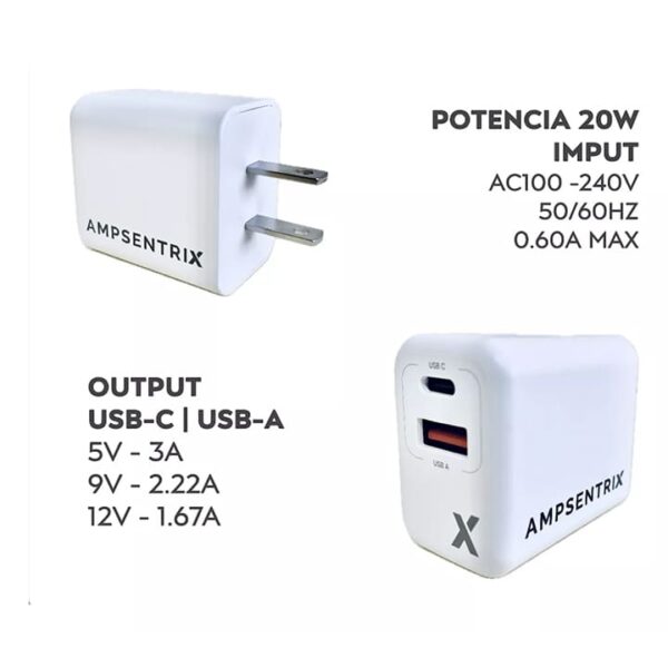 Cargador Dual Tipo C y A Carga Rápida 20W Ampsentrik - Imagen 3
